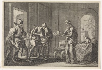 母は、1704年のエルサレムでの飢饉の間に、彼女の食べた子供の残骸を戦士に見せました。 作： Jan Luyken