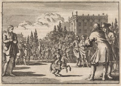 マドリッドの広場では、1675 年にスペイン王の小人であるルイジロの周りに群衆が集まっています。 作： Jan Luyken