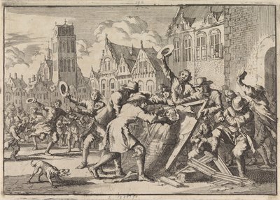 コルネリス・デ・ウィットの像が人々によって破壊されたドルドレヒトの暴動、1672年 作： Jan Luyken