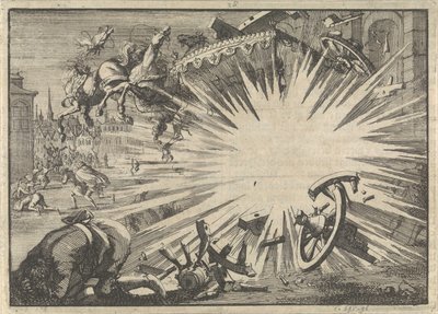 地獄の機械の爆発によって破壊された国王ルイ 13 世の戦車と馬、1625 年頃 作： Jan Luyken