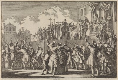1689 年、カトリックを嘲笑するアバディーンのストリート シーン 作： Jan Luyken