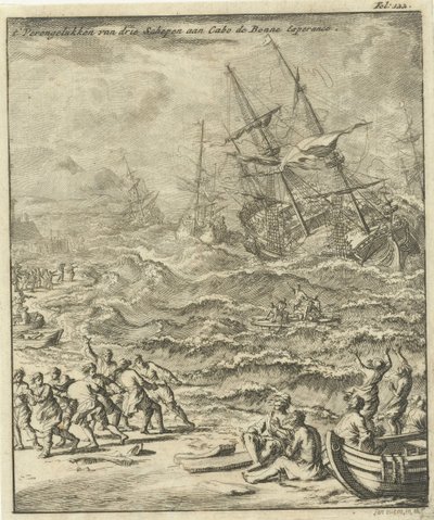 喜望峰の難破船、1693 年 カボ・デ・ボンヌ・エスペランスでの 3 隻の船の墜落 (オブジェクトのタイトル) 作： Jan Luyken