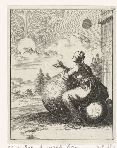 地球儀の上に座り、天球儀にもたれて夕日を眺める女性 作： Jan Luyken