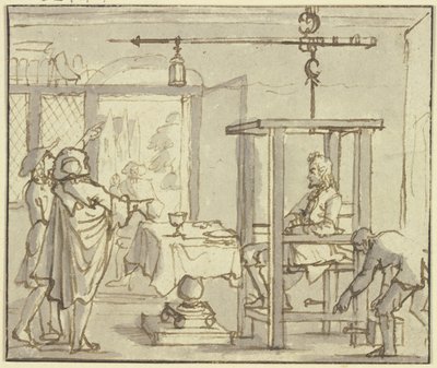 二人の医師が食後の男性を体重計で量らせる 作： ヤン・ルイケン