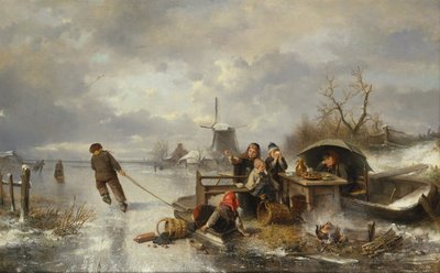 冬の風景の中で凍った湖で遊ぶ子供たち（キャンバスに油彩） 作： Jan Mari Henri Ten Kate