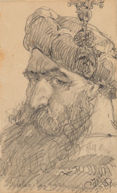 Recto: ひげを生やした帽子をかぶった男の頭、祈っている 作： Jan Matejko