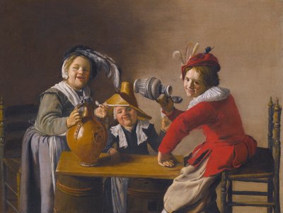 酒を飲んでいたずらをする3人の子供たち 作： Jan Miense Molenaer