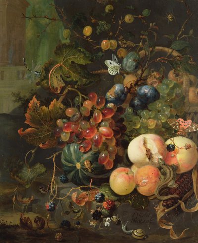 果物と昆虫の静物 作： Jan Mortel