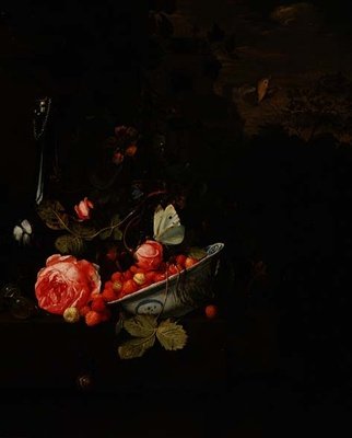 野生のイチゴの静物、バラとガラスの瓶、1690 作： Jan Mortel