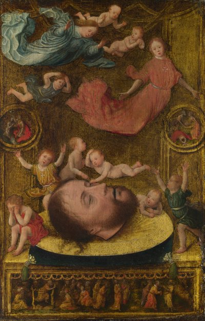 洗礼者聖ヨハネの頭、哀悼の天使とプッティ、16世紀初頭。 作： Jan Mostaert