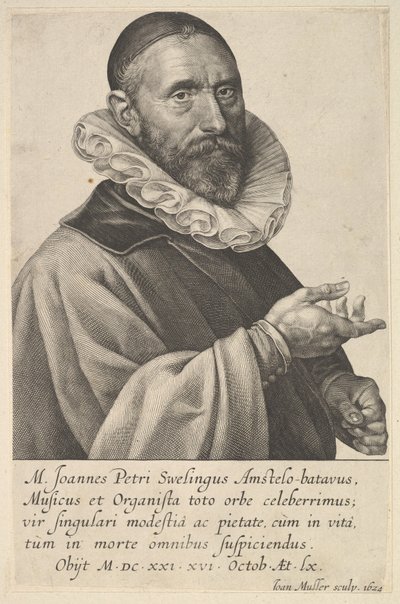 1624年、アムステルダムのオルガニスト兼音楽家、ヤン・ピーテルス・スウェーリンクの肖像。 作： Jan Muller