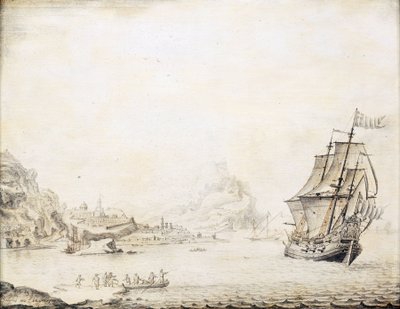 1677年、サタリア（トルコ）沖のイギリス船。岩だらけの海岸線に囲まれ、古代の城壁とミナレットがある。木に油彩 作： Jan Peeters