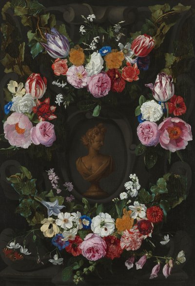 スワッグと花のスプレーで飾られたカルトゥーシュ 作： Jan Philip van Thielen