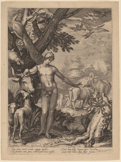 動物に名前を付けるアダム 作： Jan Pietersz Saenredam after Abraham Bloemaert