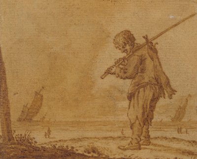 野ウサギ狩りの後、海岸で、1623年（紙にペンとインク） 作： Jan Porcellis