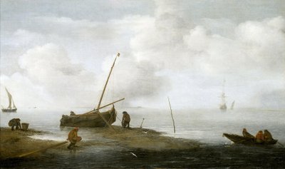ムール貝漁、岸辺に浮かぶ漁船、籠に入ったムール貝を集める3人の男たち。1622年、ヤン・ポルセリス（1580-1632）作、キャンバスに油彩。 作： Jan Porcellis