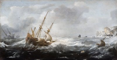岩の多い海岸で嵐に遭った船 - ヤン・ポルセリス（1582/5-1632）の絵画 - 1614-1618 - 木に油彩 - 35x67 - Hallwylska Museet, Stockholm 作： Jan Porcellis