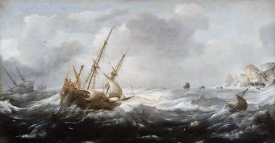 岩の多い海岸の嵐の中の船、1614〜1618年 作： Jan Porcellis