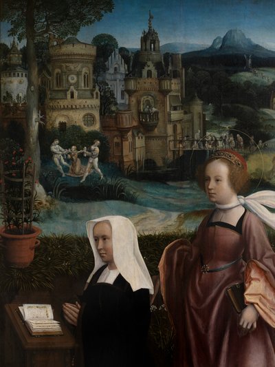 聖ニコラスとのドナーと聖ゴデリバとのドナーの妻の詳細、1515-21年頃（パネルに油彩） 作： Jan Provoost