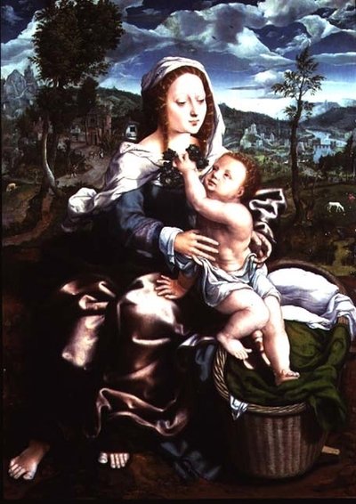 広大な風景の中に座っている聖母子像 作： Jan Sanders van Hemessen