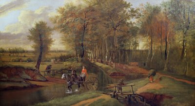 数字のある森のある川の風景、馬とカート、1692 作： Jan Siberechts