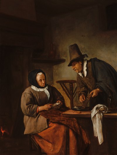 温かい飲み物を作る老夫婦 作： Jan Steen