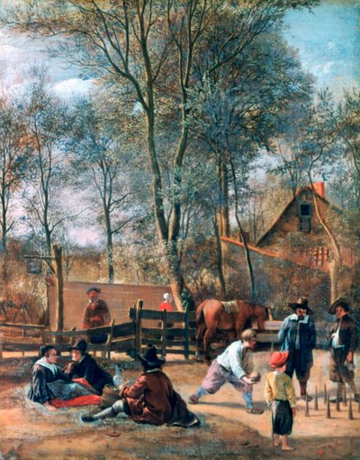 「旅館の外のスキトル奏者」、c1660 作： Jan Steen