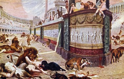 ローマのアリーナでの血まみれのゲームを描いたポストカード、1910年の「クオヴァディス」のイラスト 作： Jan Styka