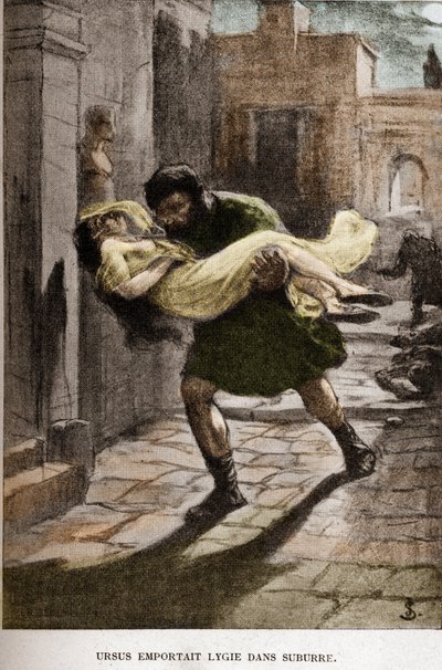 ヘンリク・シエンキェヴィッチの小説「Quo Vadis」のためにヤン・シュティカ（1858-1925）が描いたイラスト「Ursus took Lygie in suburre」（第10章）。 作： Jan Styka