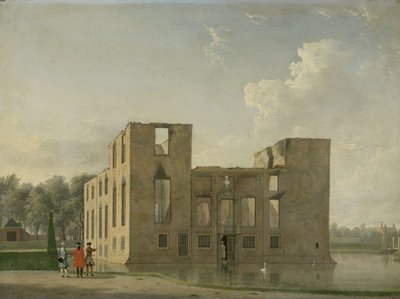 火災後の Heemstede の Berckenrode 城の背面図 1747 年 5 月 4 ～ 5 日の火事の後、ヘームステーデのベルケンローデ城: 背面図 作： Jan Ten Compe