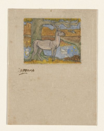 池の前の木のそばの鹿 木のそばの鹿（原題） 作： Jan Toorop (signed by artist)