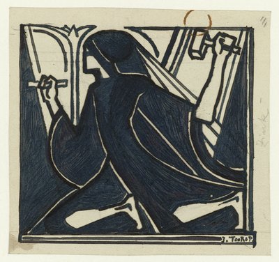 ハンマーとノミでひざまずく図 作： Jan Toorop (signed by artist)