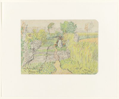 牛乳バケツを肩に乗せてくびきをつけ、麦畑を歩く農夫の妻 作： Jan Toorop