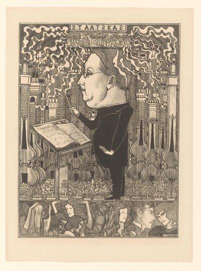 背後にバイオリンを持ち、煙突を吸っている指揮者 The Treasury / De Haardsteden (原題) 作： Jan Toorop