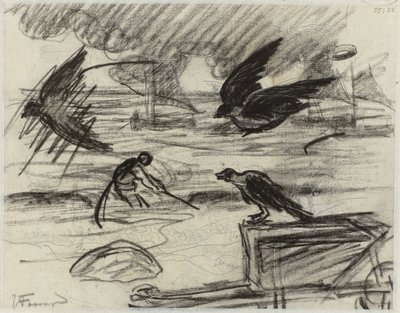 鳥と手押し車の前景に、漁師と海の風景 作： Jan Toorop