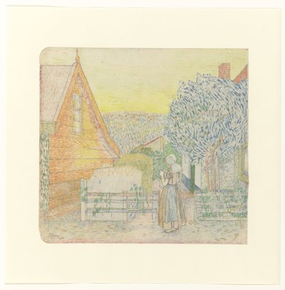 中庭で編み物をするゼーラントの少女 作： Jan Toorop