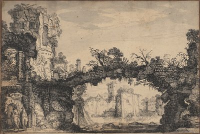 廃墟のある風景（レクト）、女性の頭部と動物（裏面） 作： Jan Van de Velde