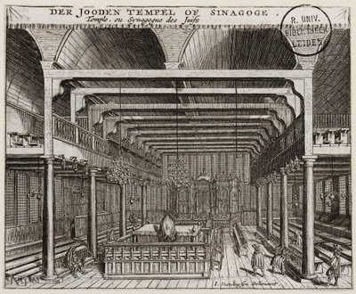 アムステルダムのポルトガル・シナゴーグの内部 - Veenhuysen, Jan (active 1656-1685) - 銅版画 - 11,2x13,7 - Leiden University Library 作： Jan Veenhuysen