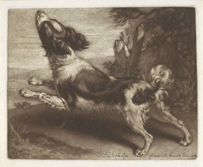 走っている犬、おそらくスパニエル 作： Jan Verkolje (I)