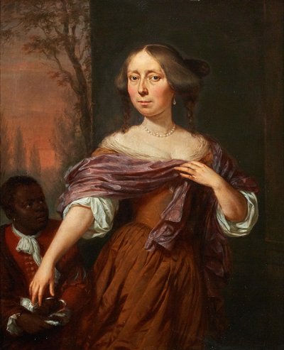 ジャコミナ・ル・プラ（1647-1681）の肖像、召使とともに 作： Jan Verkolje