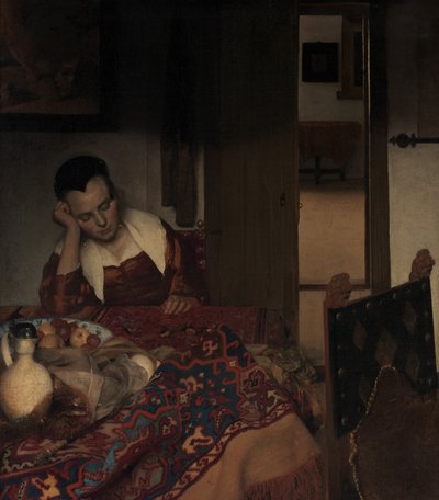 眠っているメイド、カリフォルニア州。 1656-57。 作： Johannes Vermeer