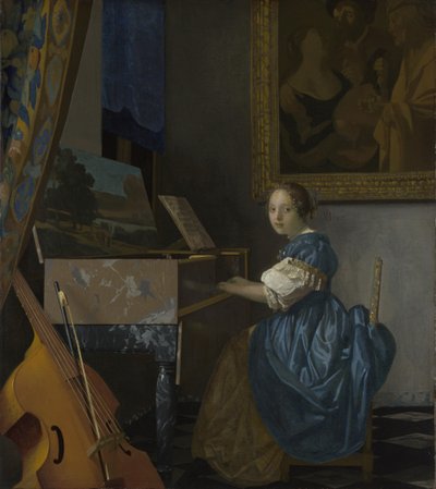 ヴァージナルに着席した若い女性c。 1670 作： Jan Vermeer van Delft