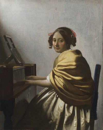 ヴァージナルに着席した若い女性c。 1670 作： Jan Vermeer van Delft