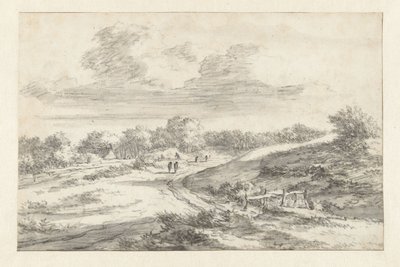 砂丘の風景、道路沿いに人影があり、遠くにコテージがある 作： Jan Vermeer van Haarlem (I) (attributed to)
