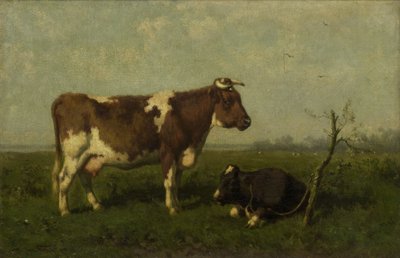牧草地で子牛を持つ牛 作： Johannes Martinus Vrolijk