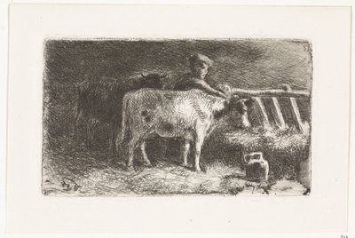 厩舎のラックで 2 頭の牛の間の農夫 (小さな変種) 作： Johannes Martinus Vrolijk