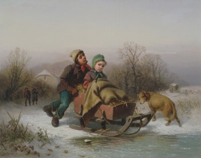 そりで少女を押す少年 作： Jan Walraven