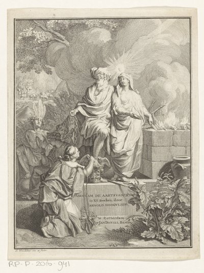 家長アブラハムと真実の寓話的なタイトル ページ タイトルページ: Arnold Hoogvliet, Abraham the Patriarch, in XII Books, 1728 作： Jan Wandelaar