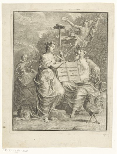 オーストリアのオランダとフランスの擬人化 オランダ語とフランス語の辞書 / Dictionnaire Flamand et François (オブジェクトのタイトル) タイトル ページ: フランソワ ハルマ、大フランス語および低地ドイツ語辞典、1761 年 作： Jan Wandelaar