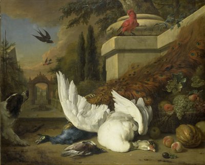 ガチョウとクジャクの死んだ犬 (獲物と果物の研究) 作： Jan Baptist Weenix
